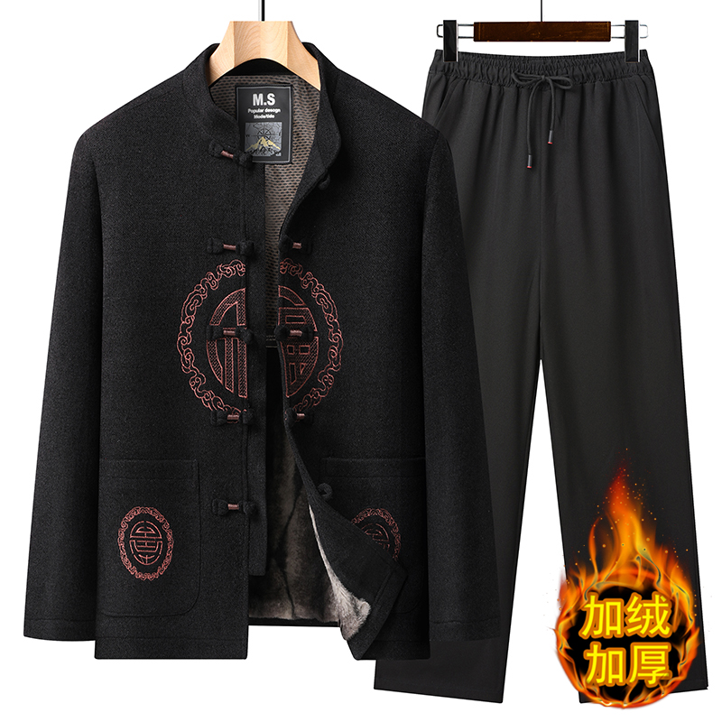 唐装男中老年爸爸装冬季加绒加厚爸爸装老人生日过寿爷爷冬季套装