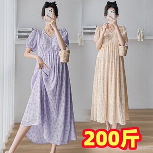 大码孕妇装清新碎花连衣裙夏季中长款温柔甜美气质减龄裙子300斤