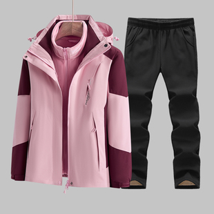 户外冲锋衣套装男女可拆卸三合一外套加绒防水保暖冲锋裤登山服