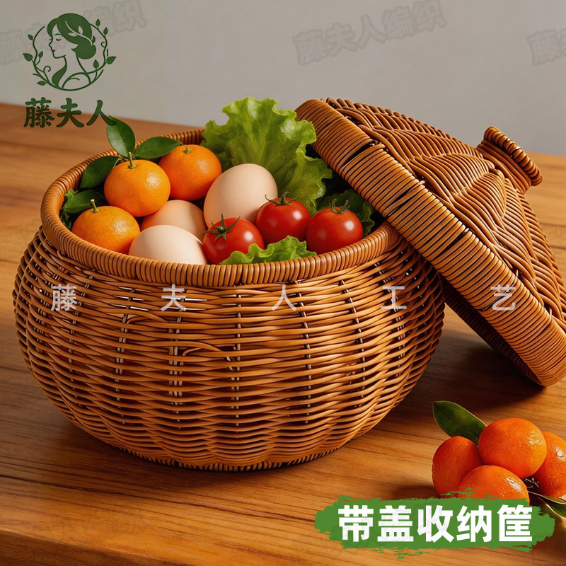 手工编织收纳筐带盖鸡蛋筐家用馒头零食果盘藤晒筐衣服干货储物罐