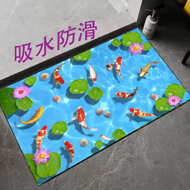 浴室硅藻泥地垫吸水3D锦鲤荷花卫生间轻奢脚踩垫可剪裁卡通