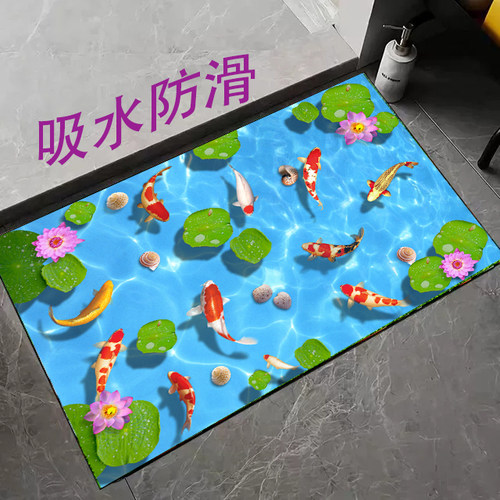浴室硅藻泥地垫吸水3D锦鲤荷花卫生间轻奢脚踩垫可剪裁卡通