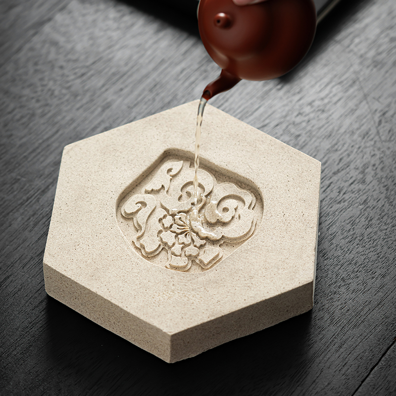 可吸水100ML砂陶福字壶承六边形陶瓷茶壶托盘蓄水壶垫茶托干泡台