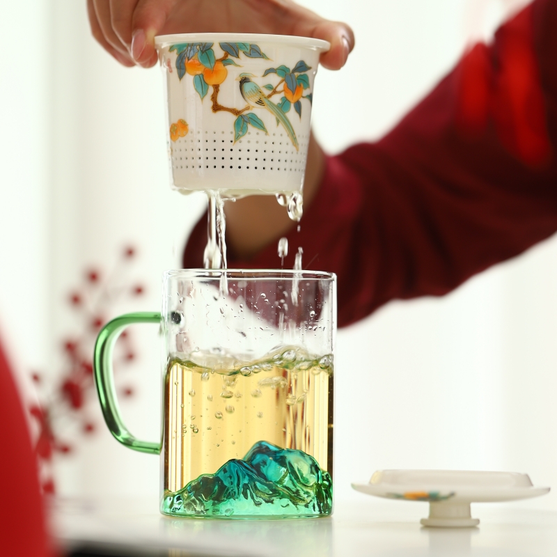 玻璃茶杯水杯定制logo茶水分离泡茶杯观山杯办公杯大容量带盖过滤