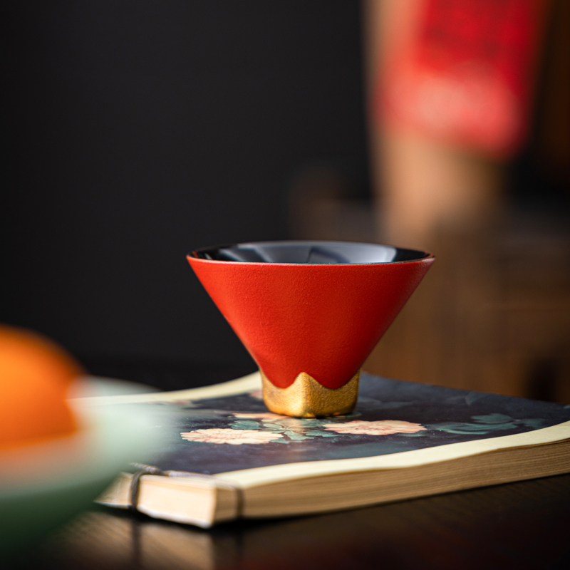 故宫红磨砂茶杯主人杯品茗杯描金斗笠杯陶瓷中式婚庆结婚定logo