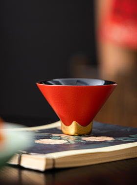 故宫红磨砂茶杯主人杯品茗杯描金斗笠杯陶瓷中式婚庆结婚定logo