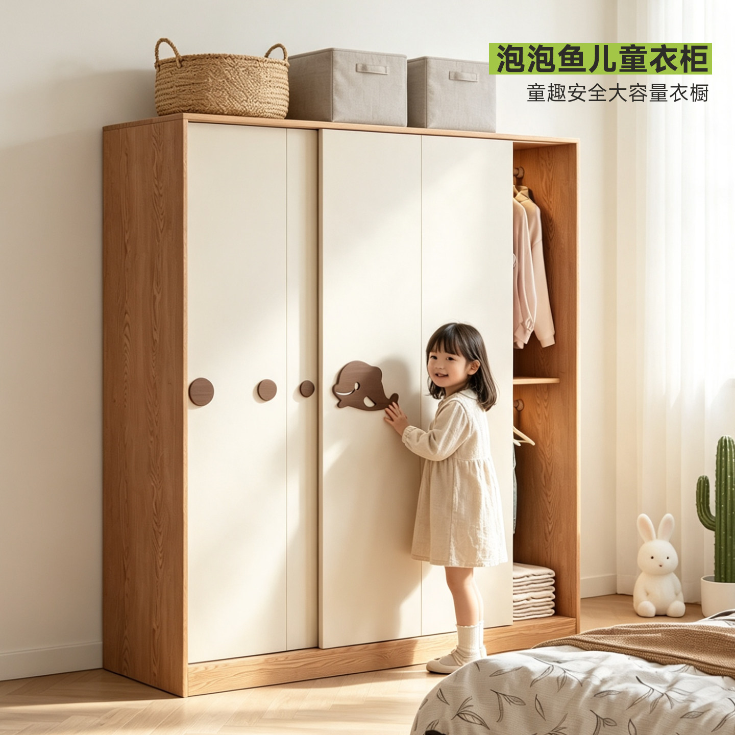 泡泡鱼衣柜推拉门家用卧室组装原木风新型小户型实木儿童衣柜移门