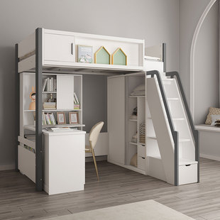 儿童床带衣柜书桌两层高低床上下铺双层床上床下桌家用组合床一体