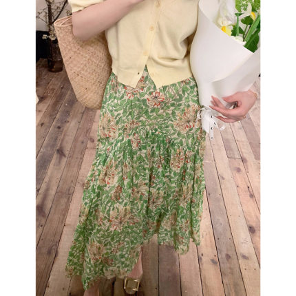 Echoo 再见苎麻印花半身裙田园浪漫风情小清新中长裙