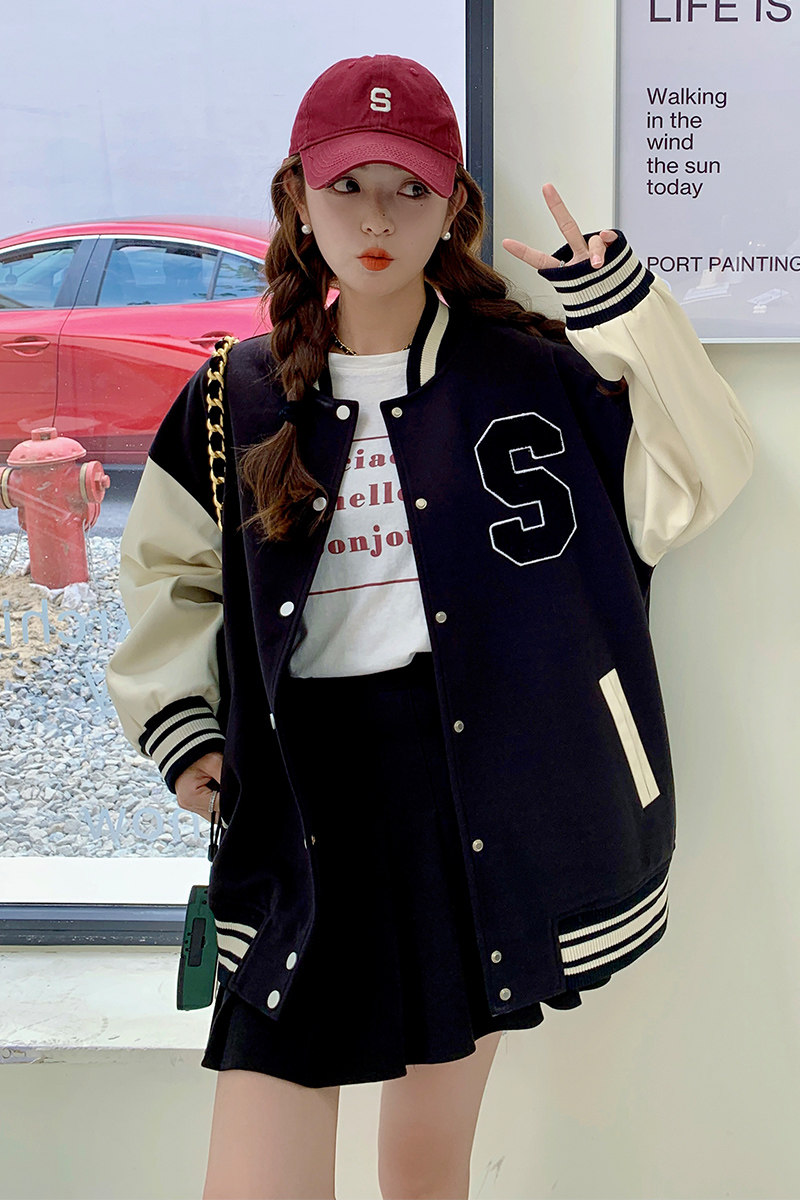 黑色美式棒球服外套女2023春秋新款韩版休闲宽松情侣百搭夹克上衣,女装短外套,叁秋一裳