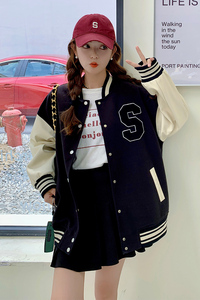 黑色美式棒球服外套女2023春秋新款韩版休闲宽松情侣百搭夹克上衣图片