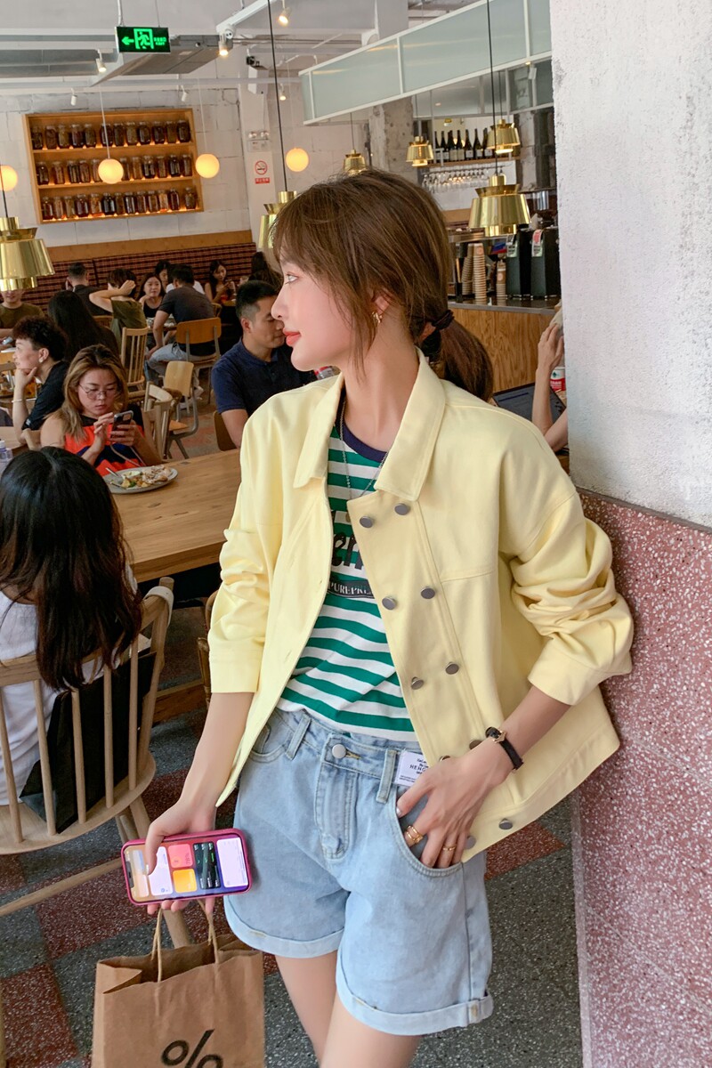 新款奶油黄双排扣牛仔外套119-8100-P110K168,女装短外套,叁秋一裳