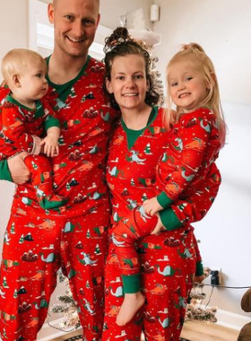 2023欧美ebay新款圣诞印花红色亲子装长袖一家四口睡衣套装家居服
