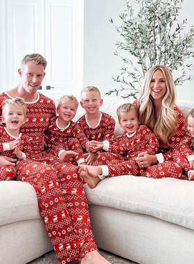 外贸ebay圣诞节家庭装家居服红色儿童母女母子套装连体衣长袖睡衣