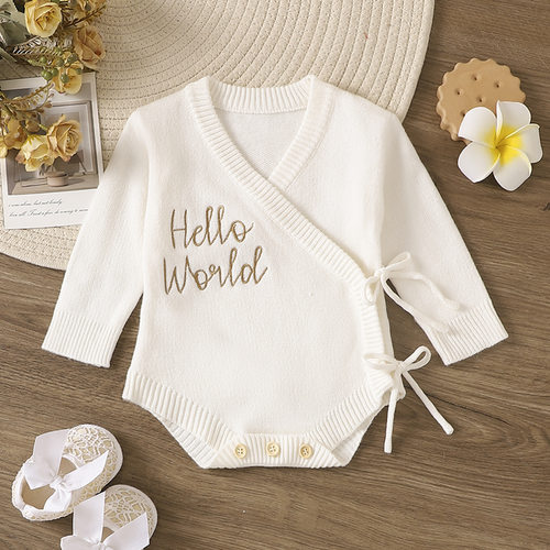 hello world字母绣花哈衣爬服针织秋冬款0-6个月宝宝婴童婴幼儿