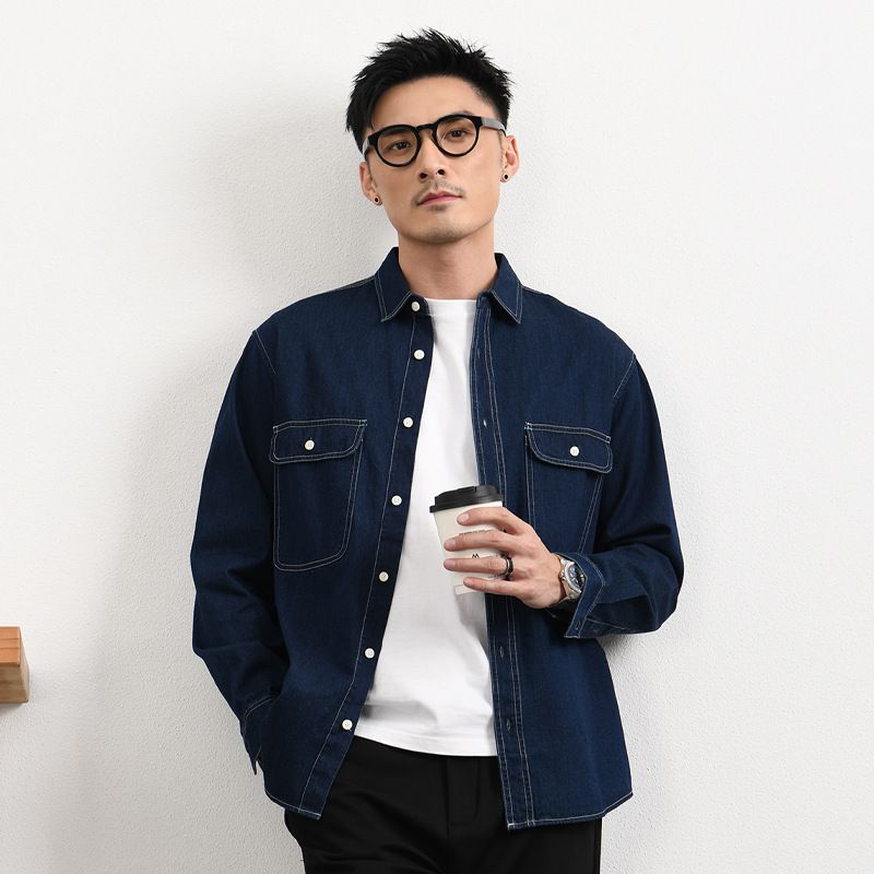 九牧王英伦风男士休闲感秋季双口袋复古牛仔衬衫纯色衬衣