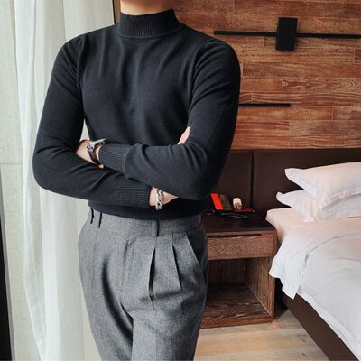 2025秋冬季半高领毛衣男款修身中领打底衫青年纯色针织衫内搭上衣