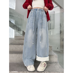 时尚百搭女童烫钻牛仔裤秋冬2026初春新款中大童满星钻阔腿裤加