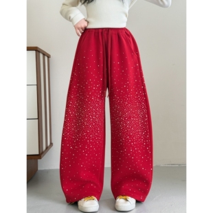 时尚百搭女童裤子加绒冬季新款烫钻阔腿长裤休闲儿童运动一体加