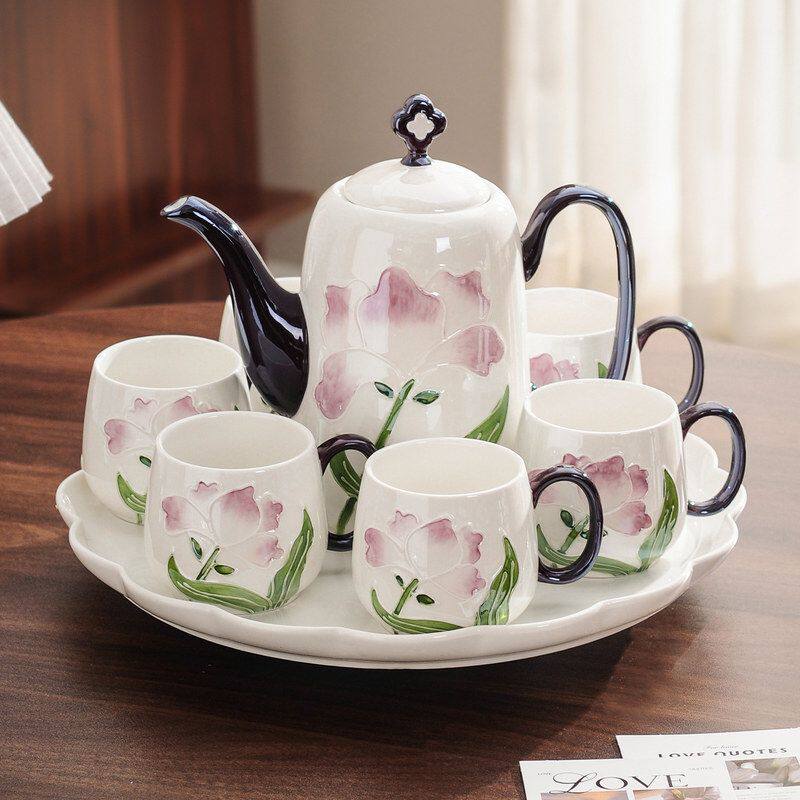 高档陶瓷茶具家用水杯套装茶杯茶壶国潮风浮雕八件套轻奢锦盒套装