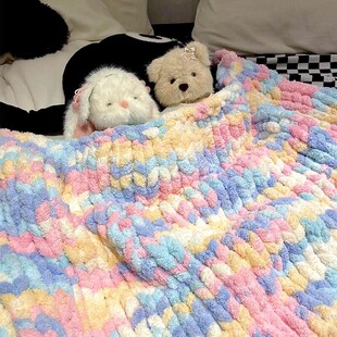 彩虹毛毯diy午睡毯手工编织毯子钩针渐变色粗毛线小毯毛球毯手织