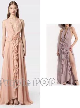 POP买手店 Blumarine 早春新款纯色挂颈露背绑带收腰洋装