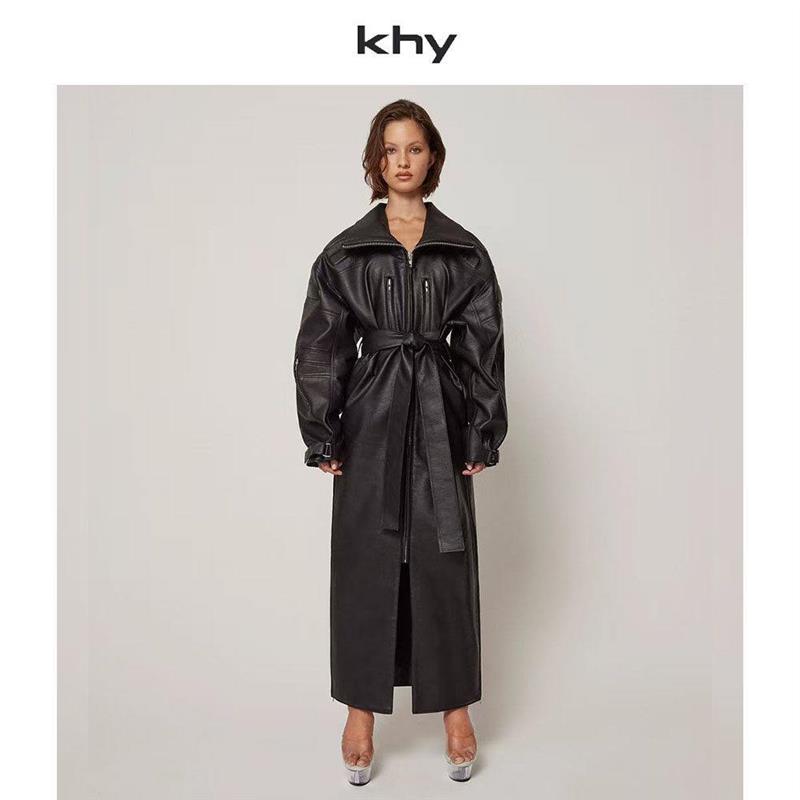 KHY 新款美式翻领通勤系带收腰轻薄中长版风衣外套图片