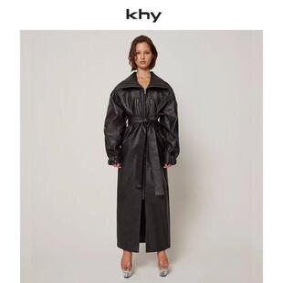 KHY 新款美式翻领通勤系带收腰轻薄中长版风衣外套
