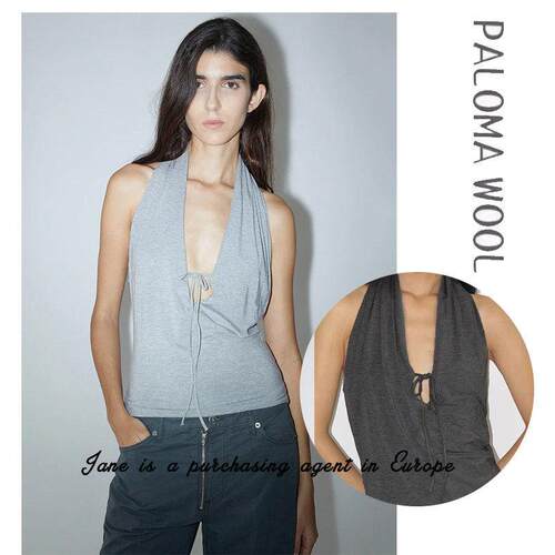 国现 PALOMA WOOL 25夏季新款性感深V领挂颈绑带露肩露背背心上衣