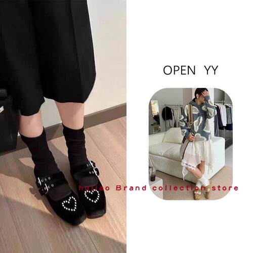 煳椒 OPEN YY 新款丝绒珍珠爱心方头芭蕾舞鞋平底单鞋