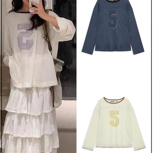 买手店韩国正品open yy新款圆领撞色5号数字印花长袖T恤防晒衫女