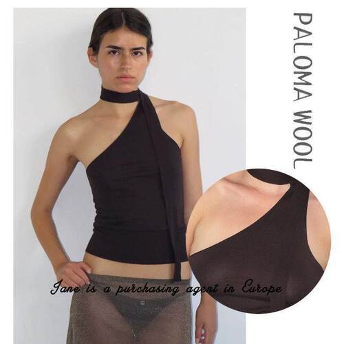 国现 PALOMA WOOL 纯欲性感设计款气质不规则单肩挂颈无袖T恤背心