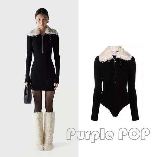 POP买手家 Coperni 5折 羊毛皮边饰翻领拉炼针织连衣包臀裙