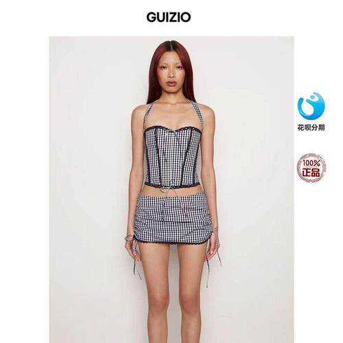 Danielle Guizio 辣妹抹胸格纹系带挂颈紧身胸衣短裙