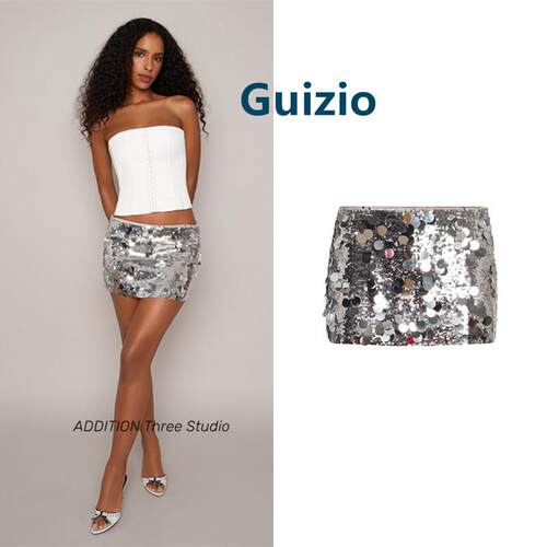 现货Guizio 春夏款低腰辣妹迷你短裙重工亮片a字半身裙易梦玲同款