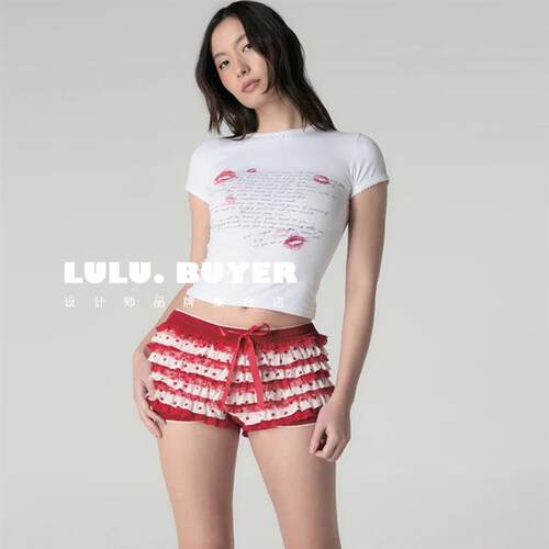 LULU买手店正品韩国Glowny上衣新款红唇字母印花短款百搭短袖T恤