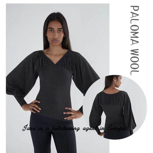 国现 西班牙直邮 PALOMA WOOL 25V领褶皱花苞修身灯笼长袖上衣T恤