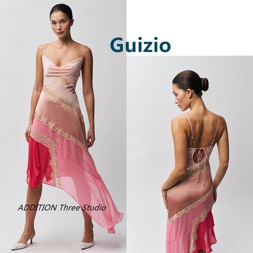 折扣 Guizio 25夏款性感荡领露背蕾丝拼接不规则裙摆吊带连衣裙女