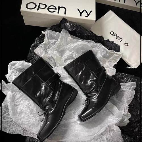 买手店韩国正品现货OPEN YY秋冬复古蝴蝶结方头中筒靴芭蕾风短靴