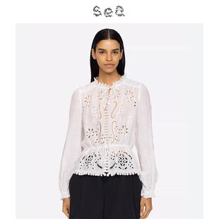 Sea New York 朴信惠同款白色花卉镂空收腰系带衬衫