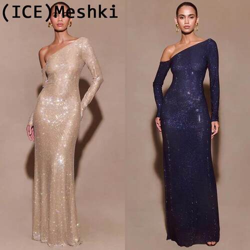 ice买手店正品折扣Meshki长裙25新款细闪斜肩长袖纯色礼服连衣裙