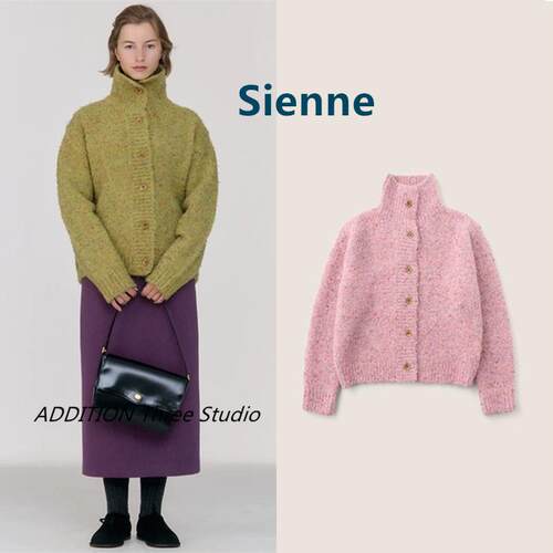 韩国 Sienne 24冬季新款气质减龄杂色立领宽松长袖针织开衫毛衣女