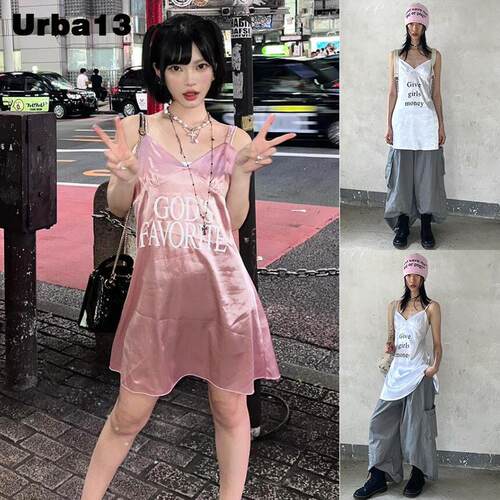 Urba13买手店正品praying吊带裙洋装缎面印花字母V领辣妹短裙
