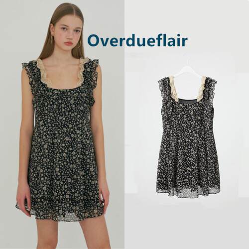 Overdueflair 23新款气质时尚复古碎花裙木耳边迷你短款连衣裙