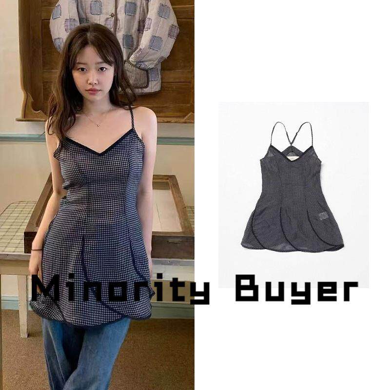 现货 买手店 Viaplain 复古修身显瘦百搭格纹V领吊带连衣裙女