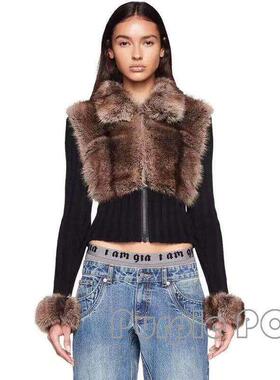 POP买手店 I.AM.GIA 秋冬新品辣妹加厚毛绒针织拼接皮草大衣