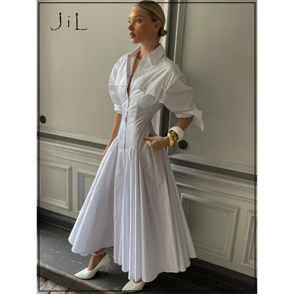 hoskelsa同款收腰白色衬衫长裙女