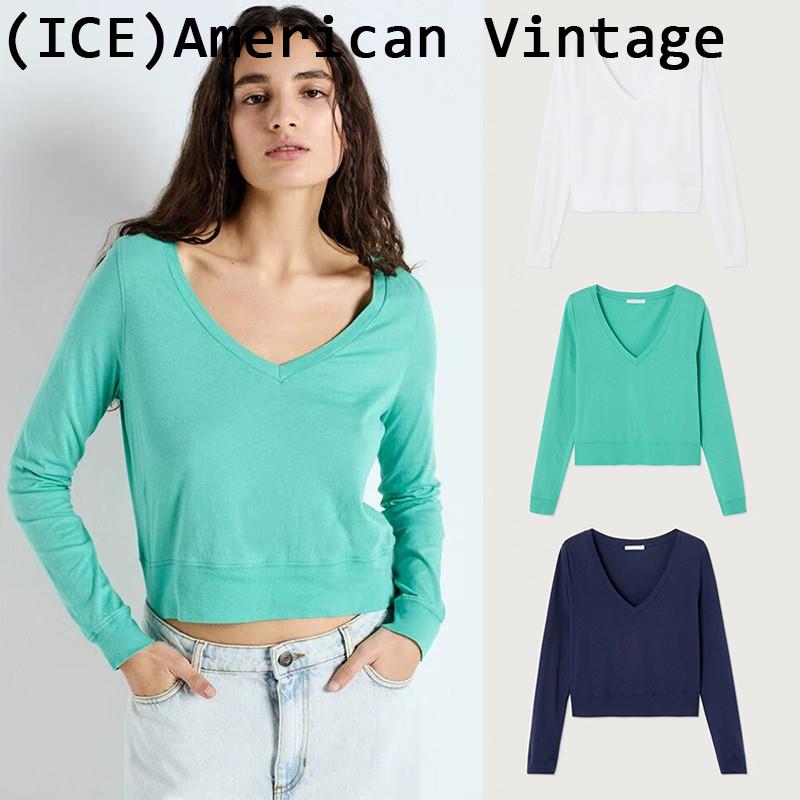 ice买手店正品American vintage上衣V领素色直筒短款打底长袖T恤图片