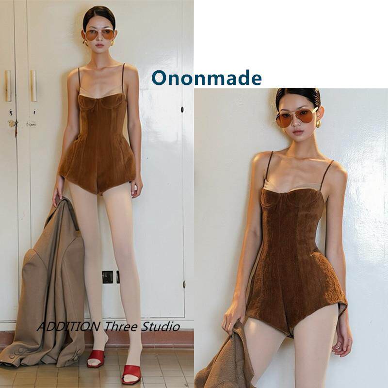 越南小众 Ononmade 26春夏新款辣妹风麂皮绒修身抹胸吊带连体短裤