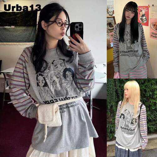 Urba13买手店现货正品WONDERVISITOR条纹彩色袖美少女印花长袖T恤